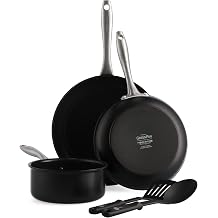 GreenPan Lima Midnight Healthy Hard Anodised Ceramic Non-Stick Coating 5-Piece Set Including Frying Pan Saucepan and Nylon Cutlery PFAS-Free Induction Safe Oven Safe Black