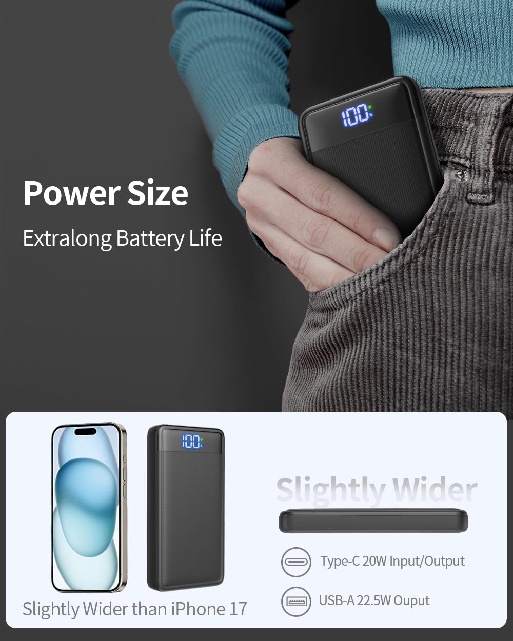 JIGA Power Bank 27000mAh 22,5W Externe Batterij Draagbare Oplader PD 20W USB C Power Bank met Zaklamp, Mobiele Telefoon Ooplader Batterij Compatibel met iPhone, Samsung, Huawei, iPad