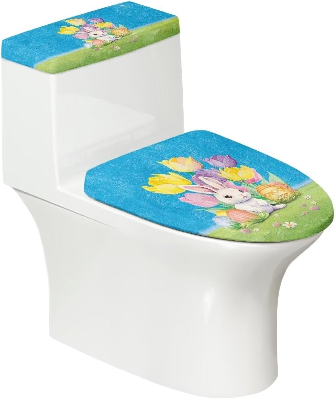 Rabbit Tulip Colorful Toilet Lid Cover and Tank Lid Cover,Machine Wash Bathroom Super Soft Toilet Lid Cover Set with Elastic Bottom