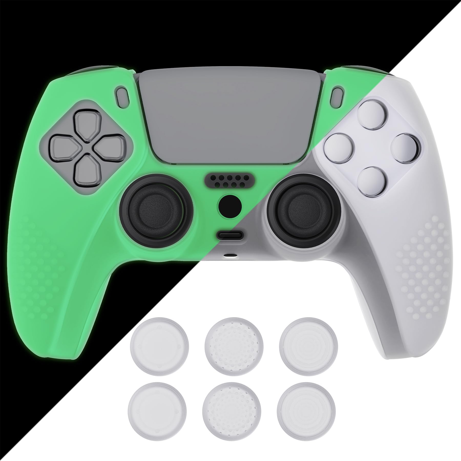 eXtremeRate PlayVital Glow in Dark - Green 3D Studded Edition Anti-Slip Silicone Cover Skin for ps5 Controller, Soft Rubber Case Protector for ps5 Wireless Controller with 6 Black Thumb Grip Caps - 2