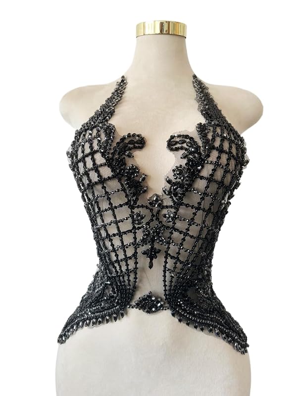 Handmade Rhinestones Beads Lace Bodice Applique Sewing Sequins Crystal Trim Patches Accessory for Dress Clothes 23X16X7inches (Black) by wtbv.n - Image 2
