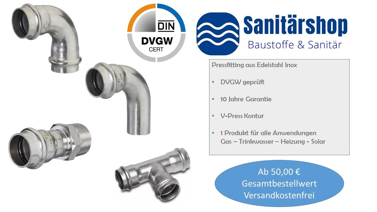 zbs24 Pressfittings Edelstahl Inox, Bogen 28mm 90° I/I (5 Stück) mit Dichtungen für Heizung und Trinkwasser, V-Press-Kontur, DVGW geprüft