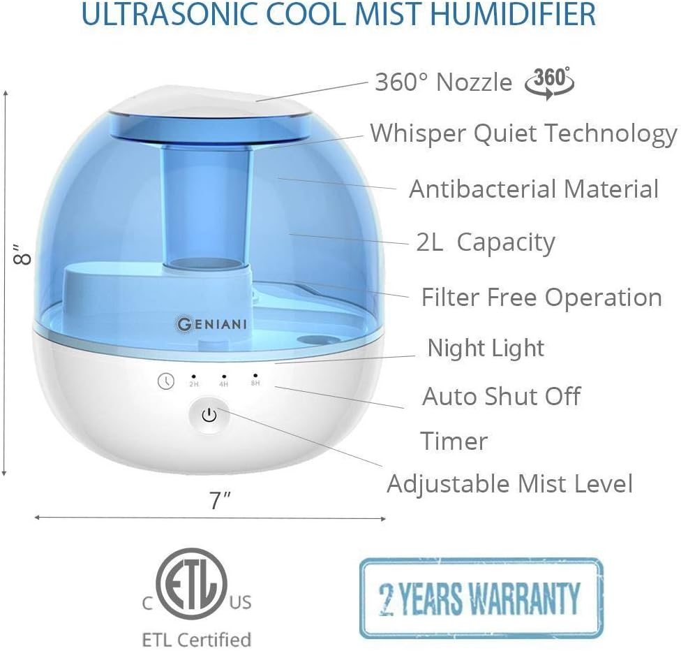 GENIANI Top Fill Cool Mist Humidifiers for Bedroom & Essential Oil Diffuser 6L - Smart Aroma Ultrasonic Humidifier for Home, Baby, Large Room with Auto Shut Off (2L, Blue)