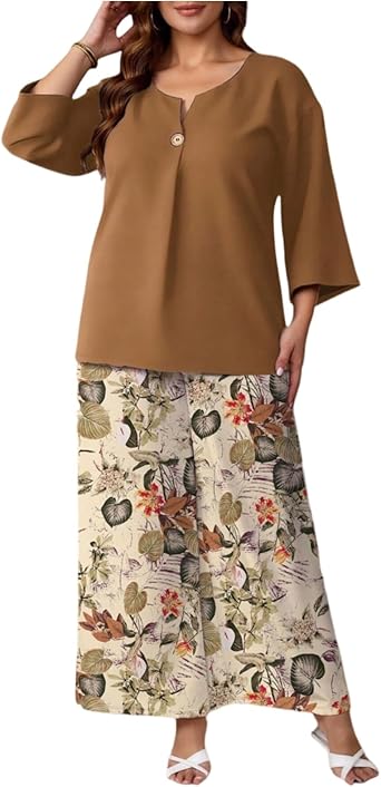 Womens Plus Size Lounge Sets Curvy 2 Piece Outfits 3/4 Sleeve Tops and Floral Wide Leg Pants Travel Vacation Clothes