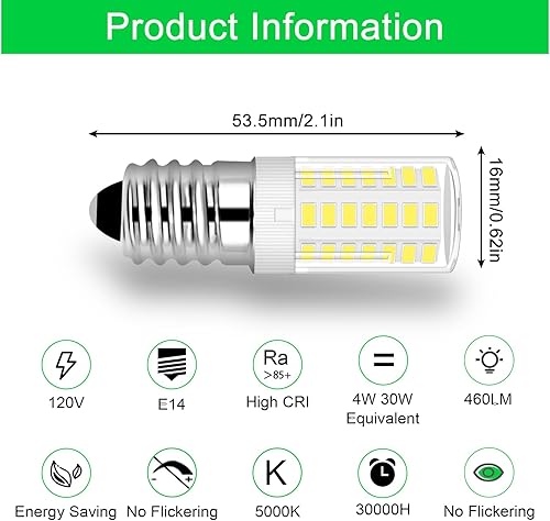 Miniatura 10 de Bombilla LED E14 blanca cálida 3000K equivalente a 4 W, 40 W, incandescente E14, bombillas de base de tornillo europea, 460 lúmenes, no regulables,