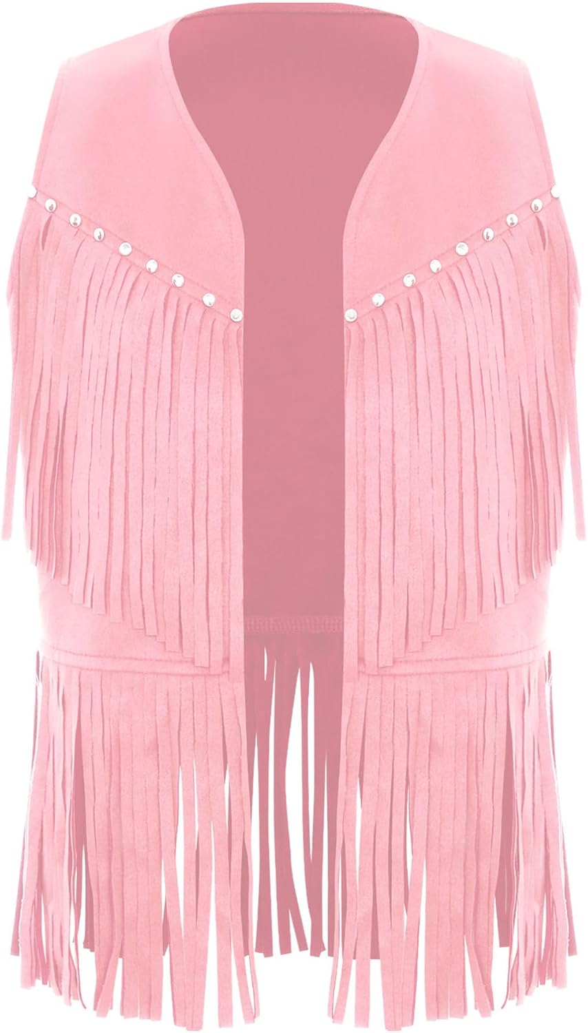 iiniim Girls Open Waistcoat Sleeveless Tassels Top Western Cowboy Vest Jacket for Halloween Carnival Party(6-16 Years)
