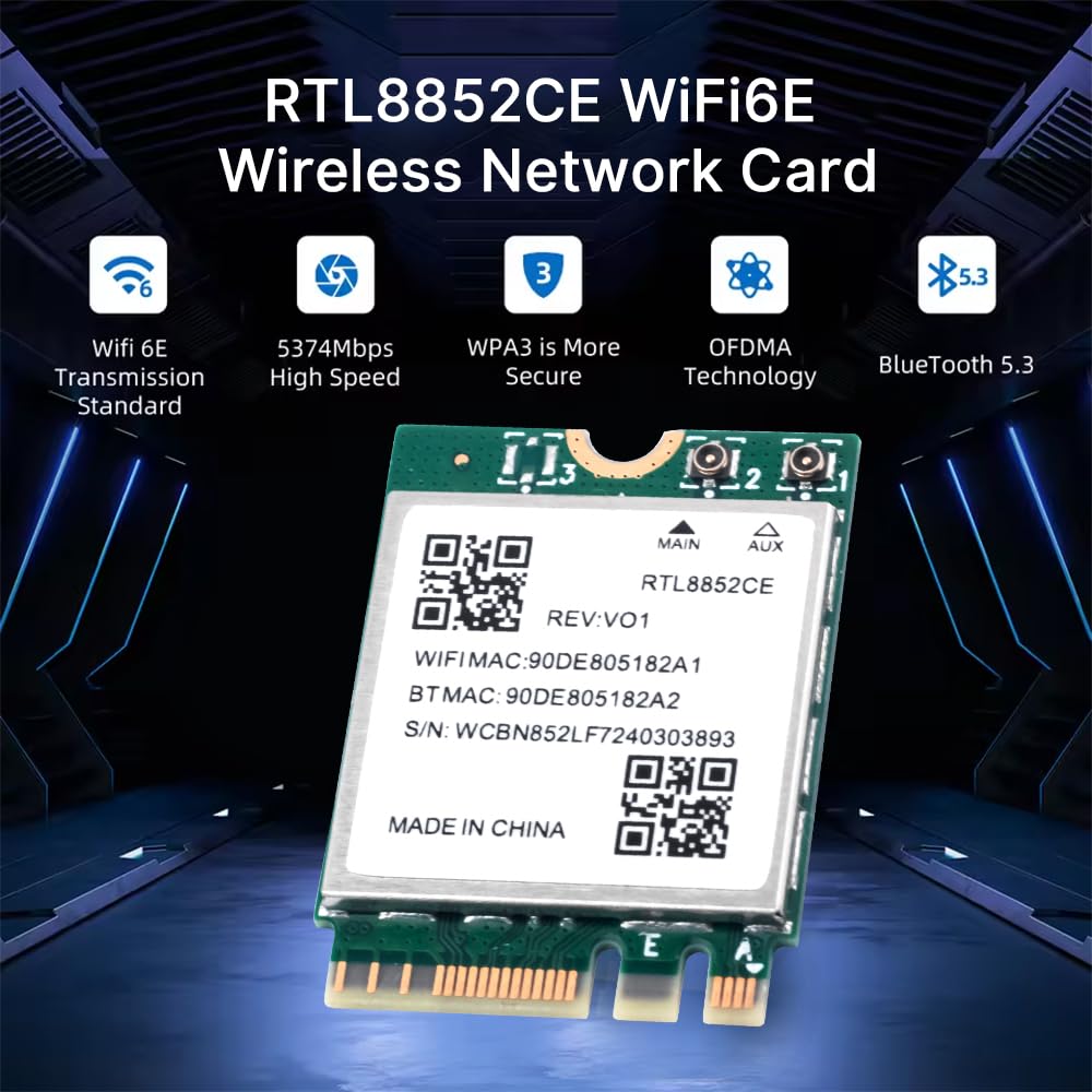RTL8852CE Carte Wi-Fi 6E, 5374 Mbps Tri-Band 6 GHz/5 GHz/2,4 GHz M.2 NGFF Adaptateur avec Bluetooth 5.3 pour ordinateur portable PC Windows 10/11