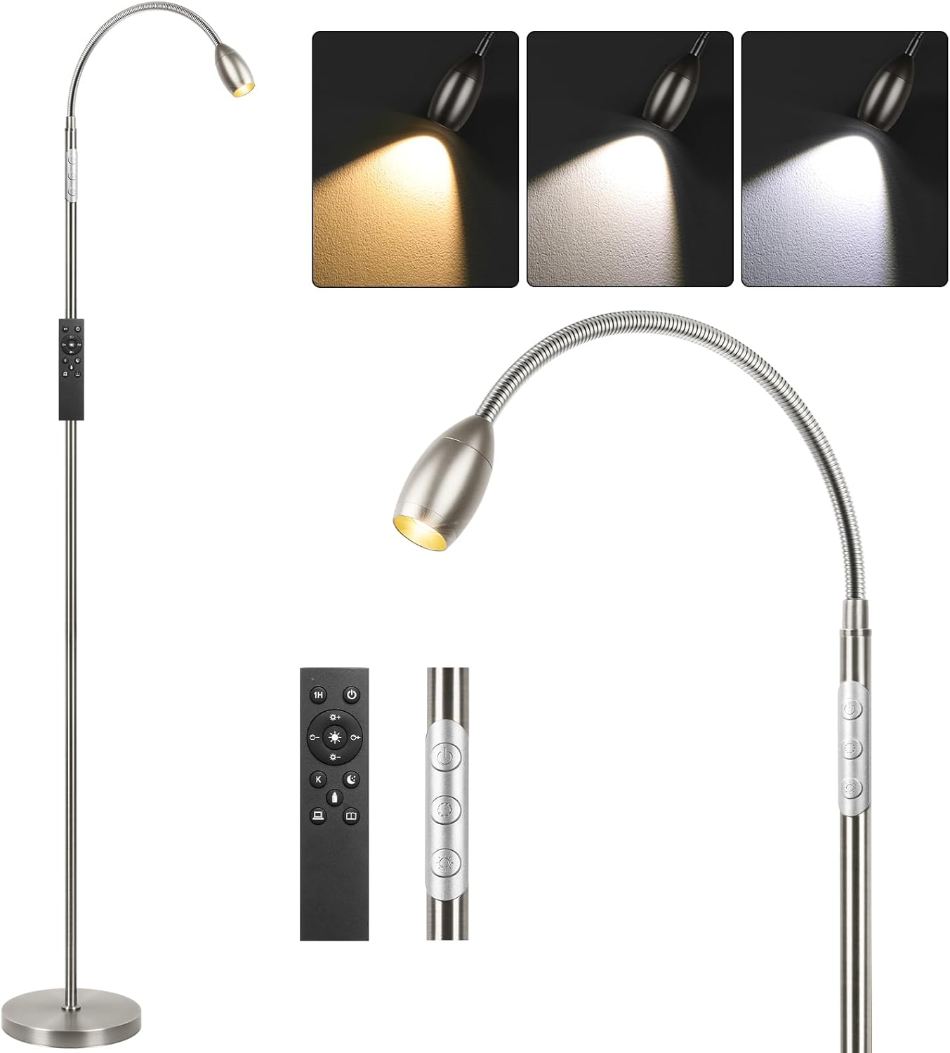 Reading Floor Lamp, 72" Tall LED Lamp with Flexible Gooseneck, Dimmable Zoomable Spotlight, Adjustable Color Beam Standing Lamp, Touch & Remote Control, Task Craft Bedroom Living Room (Brushed Nickel)