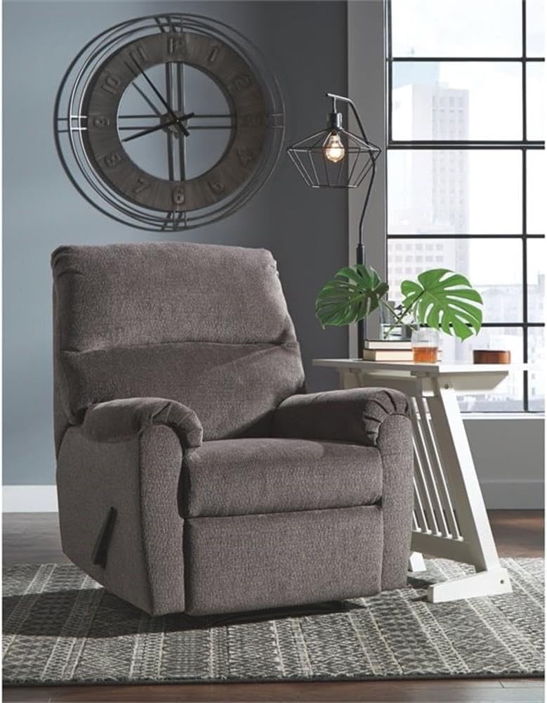 Bowery Hill Contemporary Fabric Zero Wall Recliner, Gray Finish, Polyester Upholstery, Space-Saving Design, One-Pull Reclining Motion, Attached Cushions, Metal Reinforced Seat, 42"H x 33.5"W x 37"D