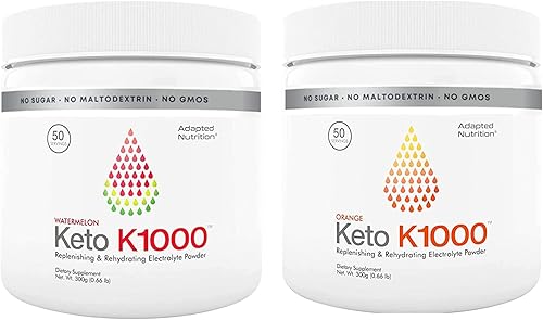 Keto K1000 - Polvo de electrolitos  Mezcla de bebida de suplemento de hidratación  50 porciones  Sandía, sabor a stevia más ligero  Naranja, sabor a