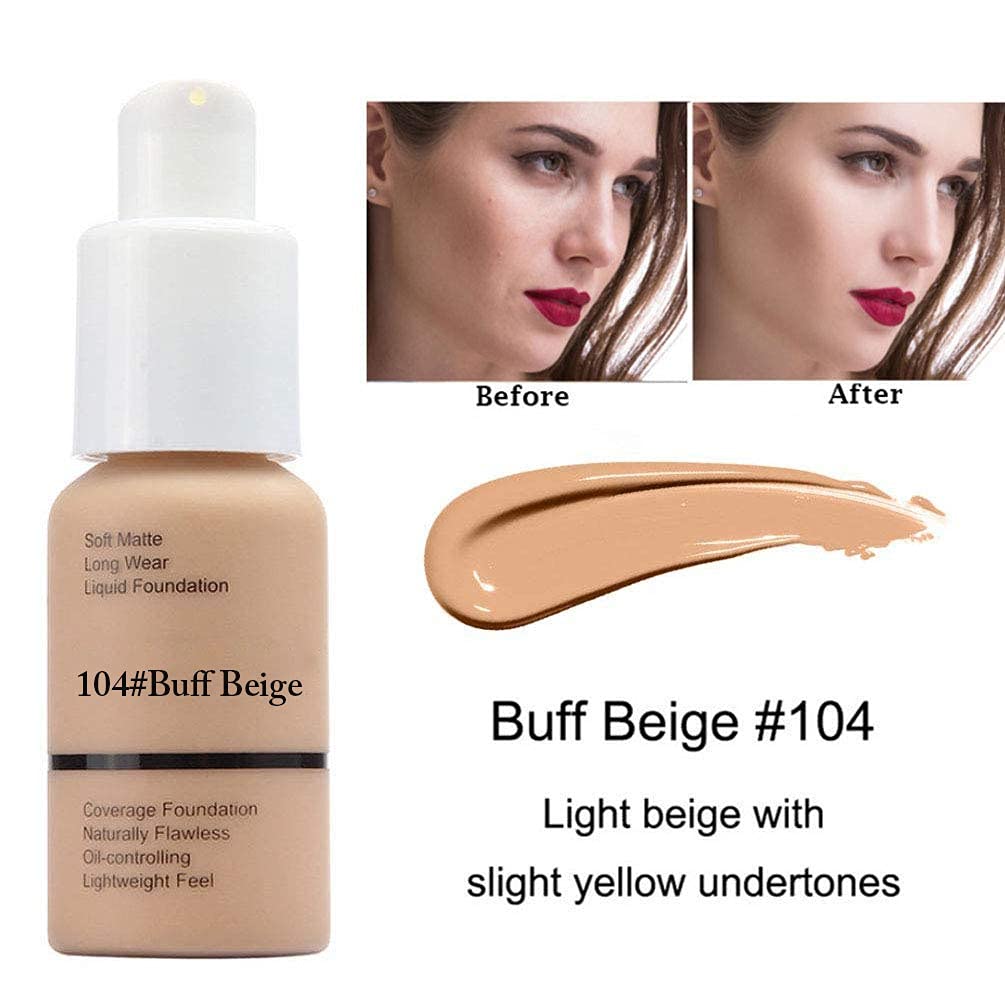 2 Colors Matte Full Coverage Foundation Makeup 30ml With Mushroom Head, Waterproof Matte Oil Control Concealer Cream Full Coverage Foundation Liquid Makeup for Women (102 Nude & 103 Warm Peach)