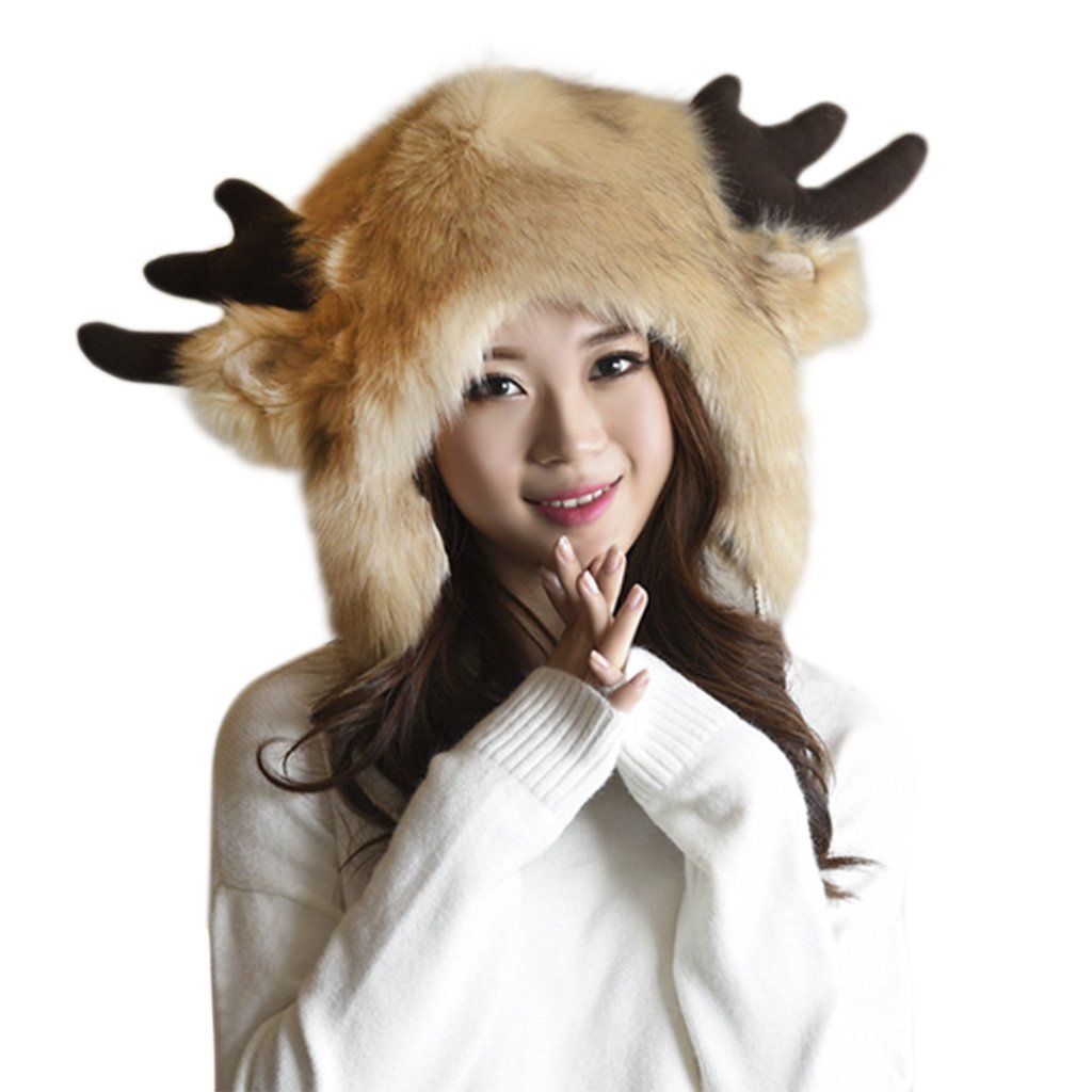YJZQ Bonnet unisexe Bonnet animal Chaud Chapeau tête de Renne et Corne du Veau Cagoule en Peluche Casquette Fausse Fourrure pour Adult Grand Enfants Cadeau Noël Aniverssaire Fête