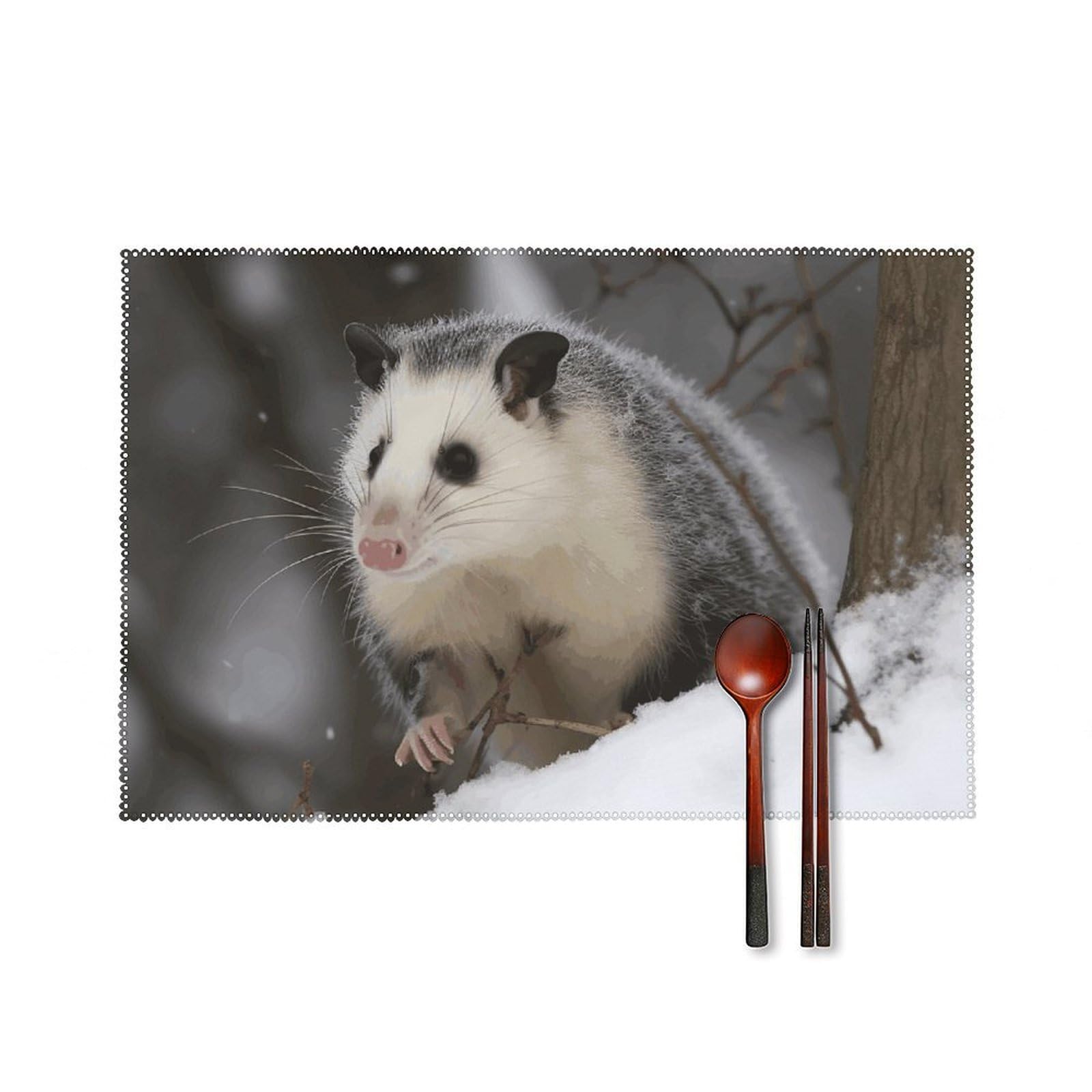 Opossum in Snow Placemats Set of 6, 12x18 Inch Heat Resistant Washable Canvas Table Mats, Stain Resistant Decorative Dining Placemats for Kitchen, Restaurant, Outdoor Party