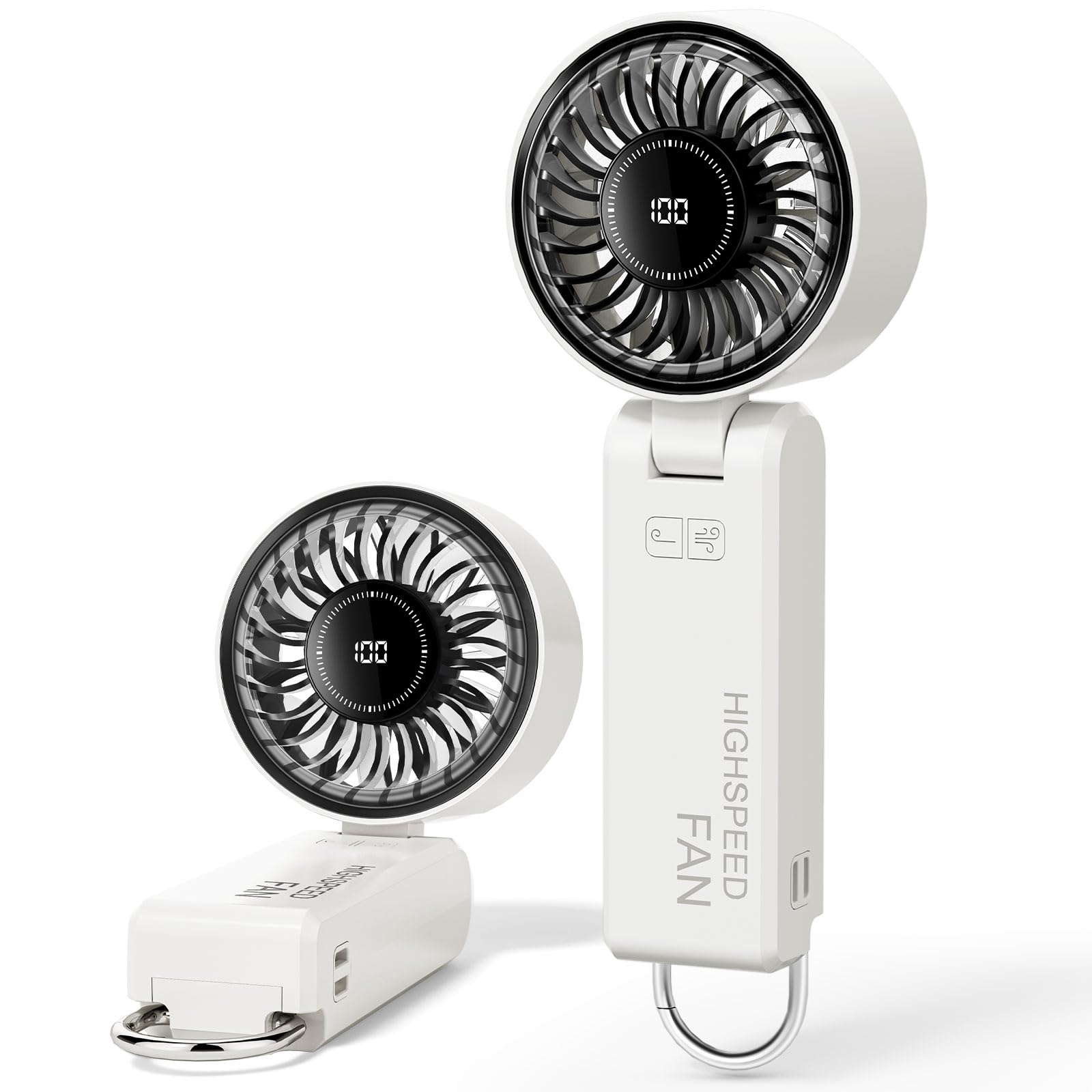 Handheld Fan Portable YATCO Powerful Fan USB Rechargeable with 6 Speeds, Battery Operated, Low Noise Mini Fan Foldable Desk Desktop Fans with LED Display for Home Office Bedroom Outdoor Travel (White)