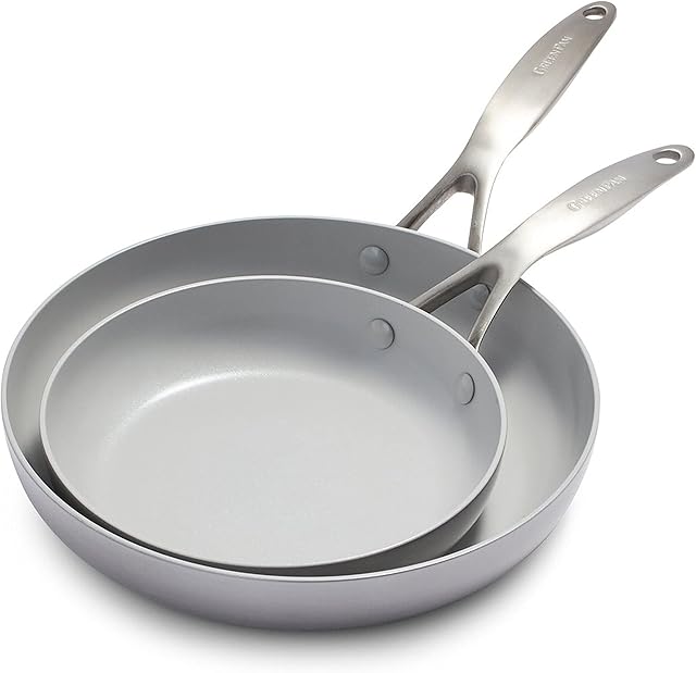 GreenPan Venice Pro Tri-Ply Stainless Steel Healthy Ceramic Nonstick 20 cm and 26 cm Frying Pan Skillet Set, PFAS-Free, Multi Clad, Induction, Oven Safe, Silver