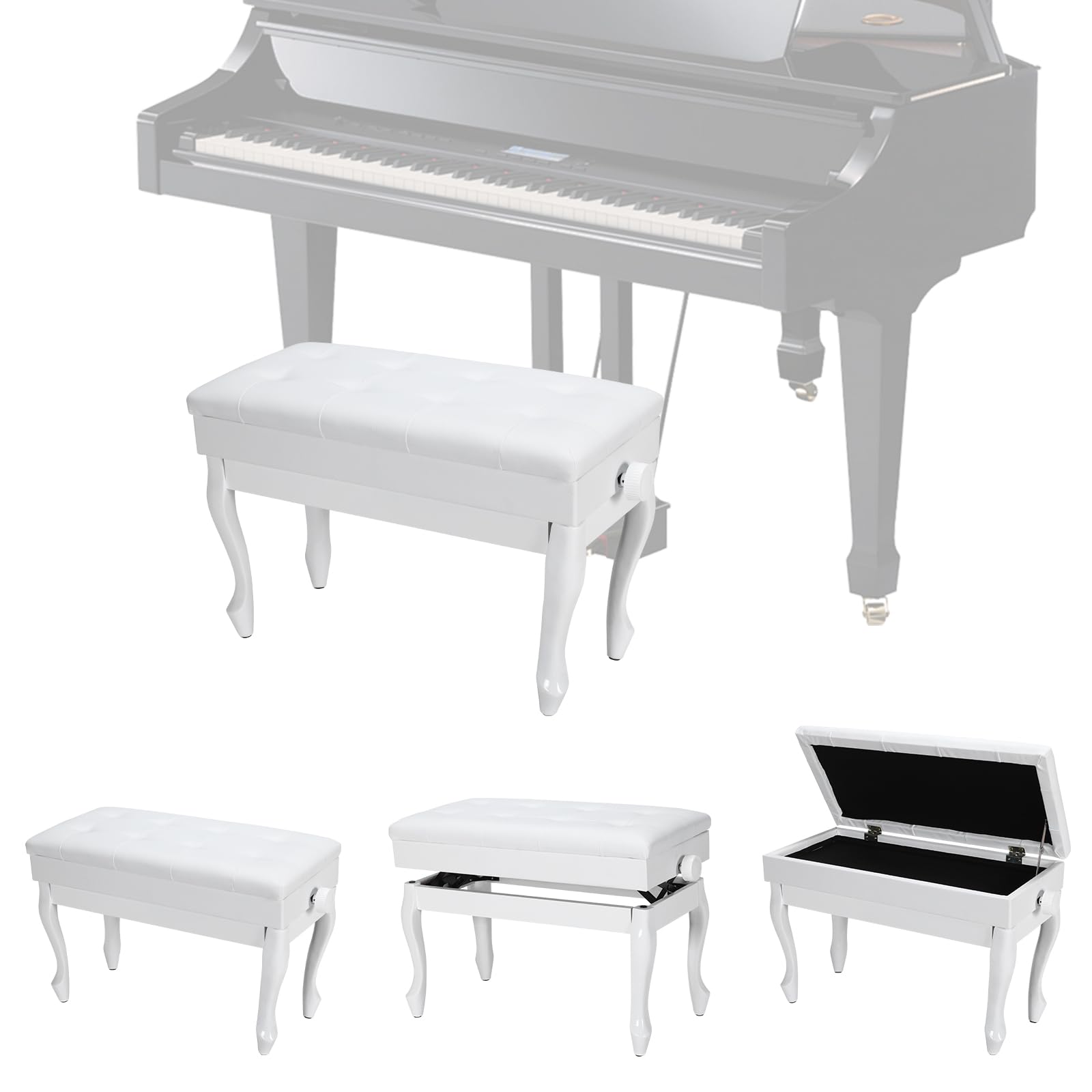 Adjustable Piano Bench with Storage, 29 INCH Solid Wood Duet Piano Stool, Height Adjustable Waterproof PU Leather Cushion Double Keyboard Bench for Music Practice Home Use - White