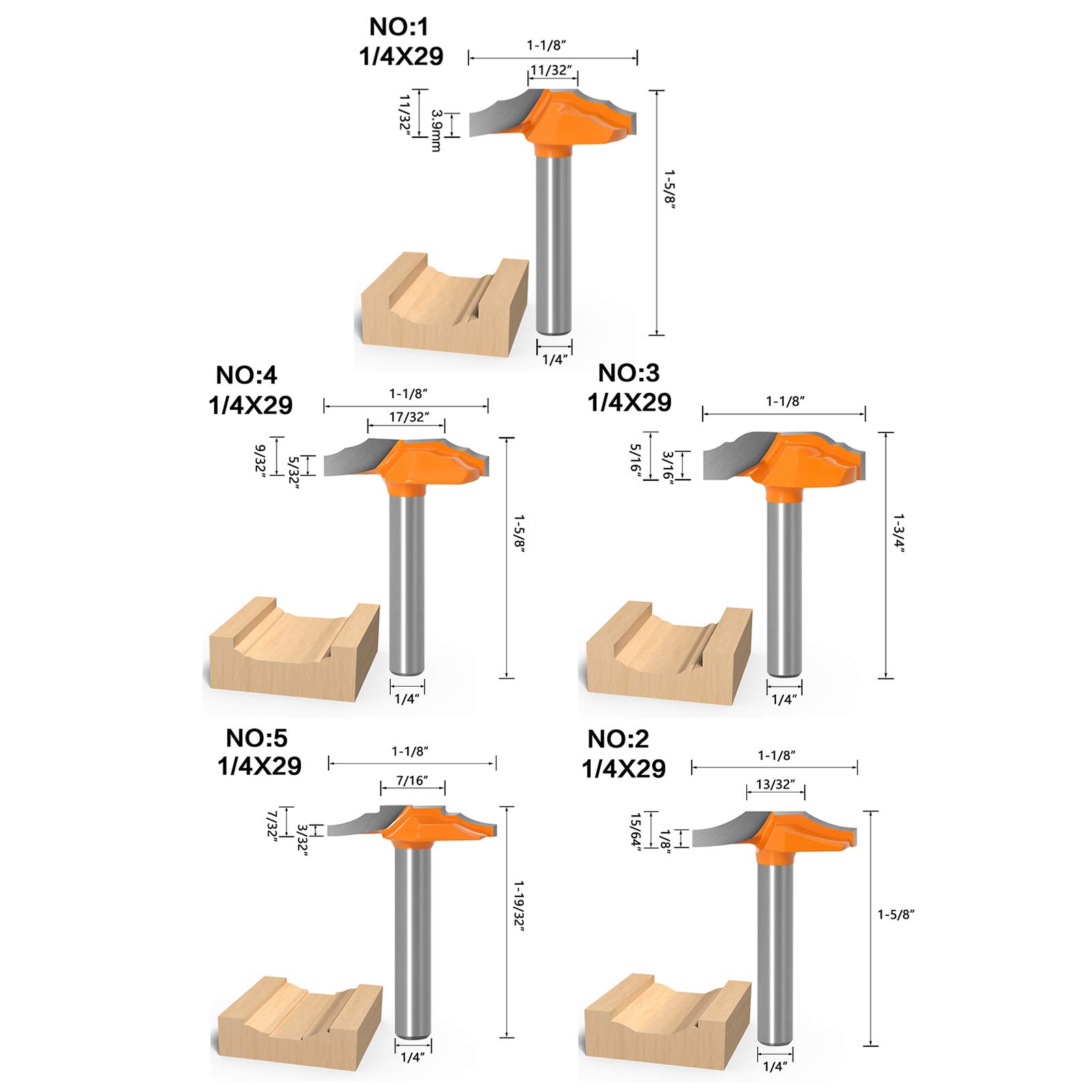 5 pezzi di fresa per router con gambo da 1/4", frese in carburo per router per legno, utensili da taglio per lavorazione del legno per porte di armadi con punte in lega YG6, set di