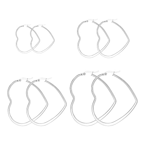 4 Pairs Stainless Steel Heart Earrings Hypoallergenic Big Heart Hoop Earrings Gold Plated Set For Women Men - 4 Pairs Silver 30mm-60mm