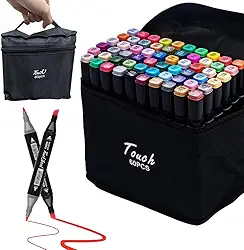 Kit 60 Cores Canetinhas Marcadores Touch Ponta Dupla + Estojo de Transporte - Canetas Permanentes Profissionais para Colorir e Ilustração Artístico e Escolar Marcador Premium Duas Pontas Coloridas