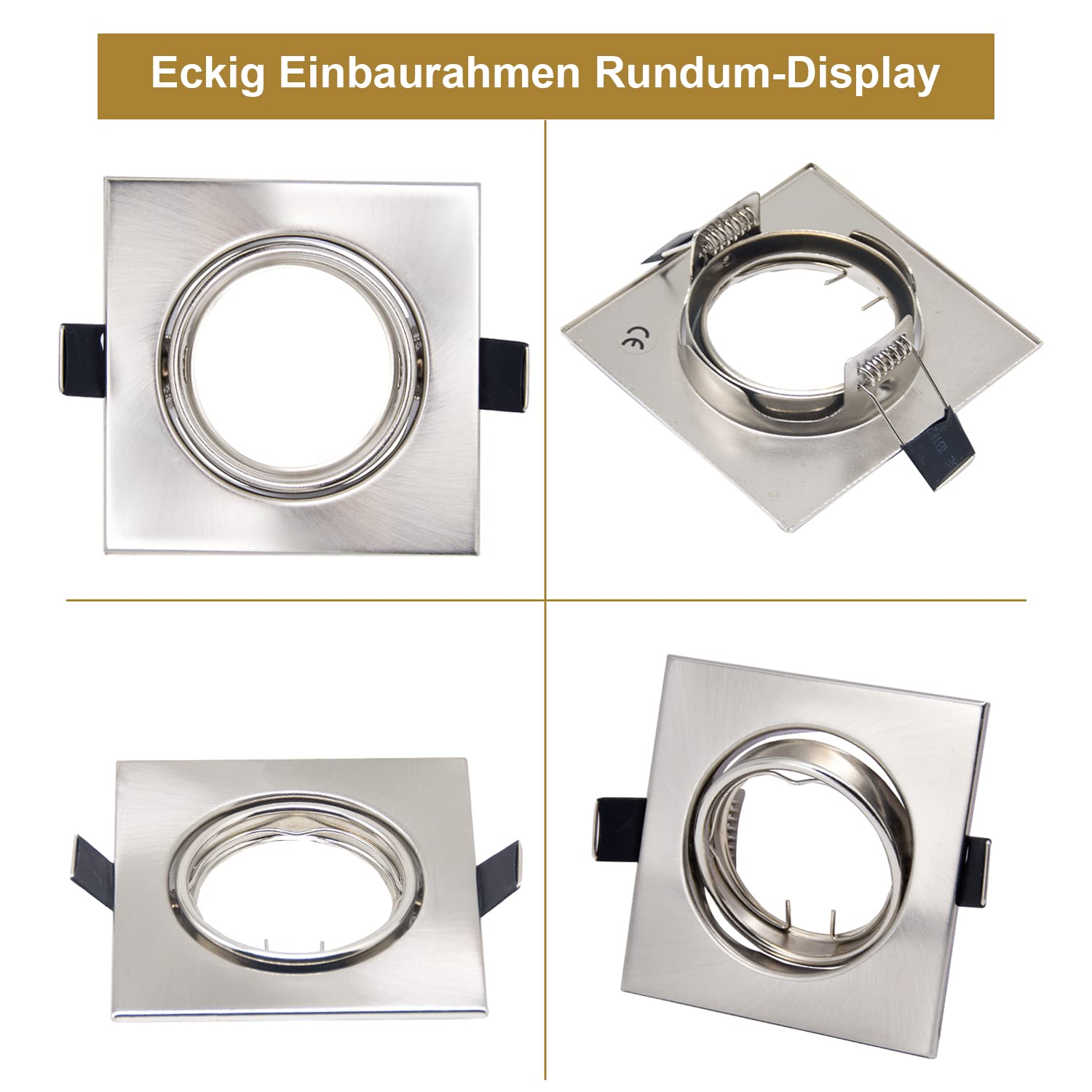 20x LED Einbaustrahler Rahmen GU10 Fassung 68mm Gebürstet Eckig | Einbaurahmen GU10 Rund Edelstahl Gebürstet Einbauspots Schwenkbar Deckenspots Wohnzimmer Schlafzimmer Küche Flur