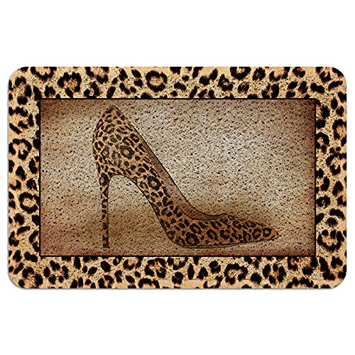 Welcome Door Mat For Outdoor Indoor Leopard Print Sexy Female High Heels,Entryway Non-Slip Doormats,Patio Pvc Rug Pad, Heavy Duty Duraloop Mesh Dirt Mud Trapper Vintage Brown Animal Skin Texture #TOP26