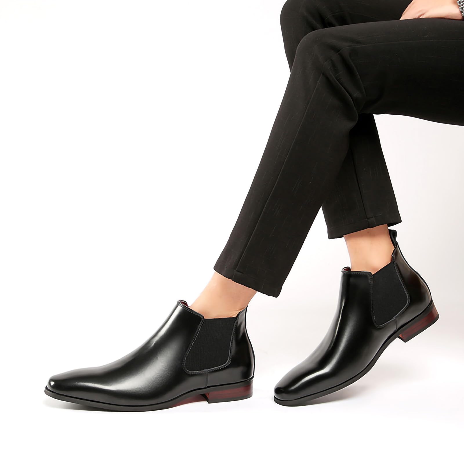 Męskie buty Chelsea Business Dress wsuwane kostki polerowana skóra niski obcas kwadratowy nosek buty, Czarny, 40 EU