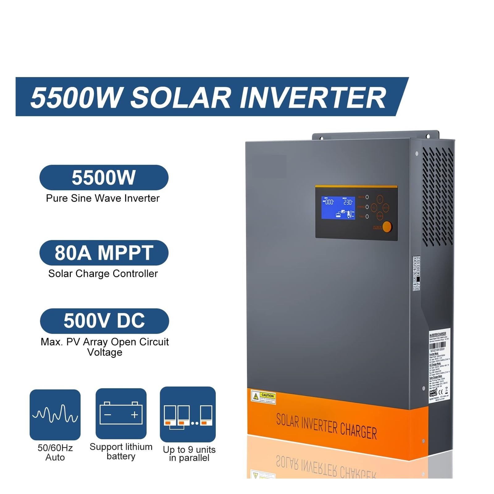 Hybrydowy Falownik Solarny MPPT 80A 5500W Hybrydowy Falownik Solarny 48V Równoległy I Amp Normalny Model Wyjście 230VAC Wszystko W Jednym Przetwornica Sinusoidalna Max PV 500VDC(5.5KW 48V Parallel,No