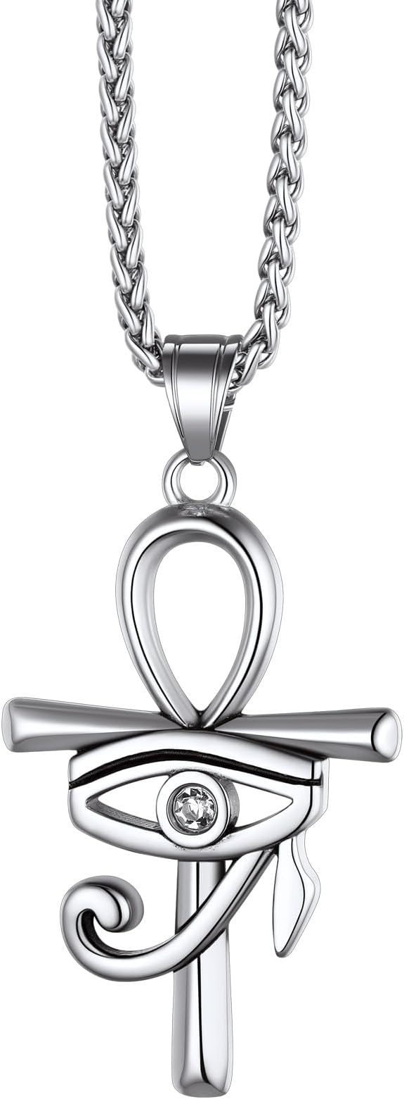 Stainless Steel/Gold/Black Plated Ankh Cross Pendant Necklace for Men Women with Wheat Chain Religious Jewelry(with Gift Box)