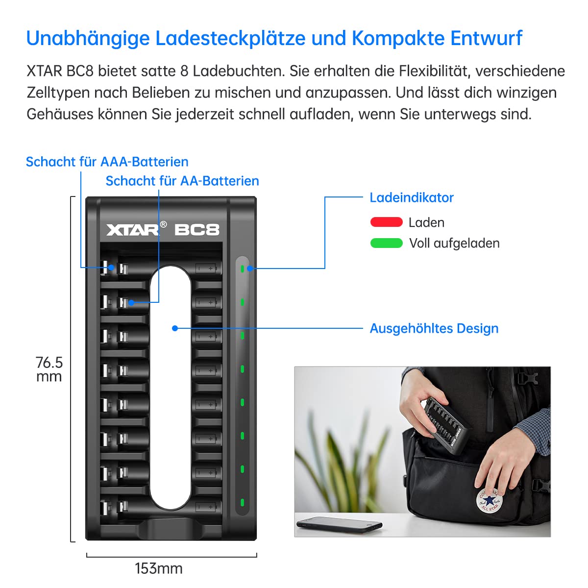 XTAR 4150mWh1,5V AA wiederaufladbare AA Batterien (8Pack-4150mWh AA + BC8 Ladegerät)