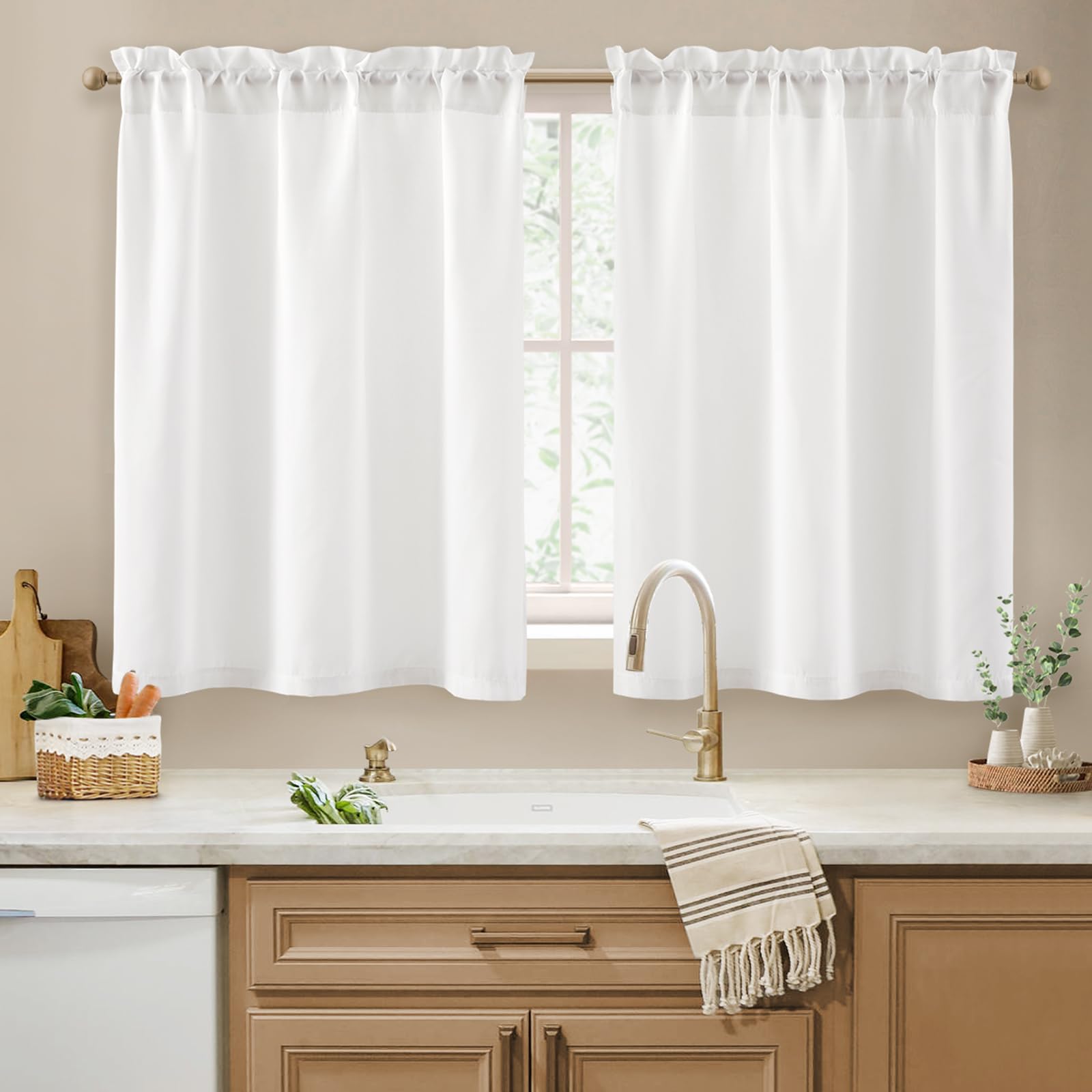HOMEIDEAS Non-See-Through White Privacy Sheer Kitchen Curtains 36 Inches Long 2 Panels Set Light Filtering Short Tier Curtains for Living Room Bedroom