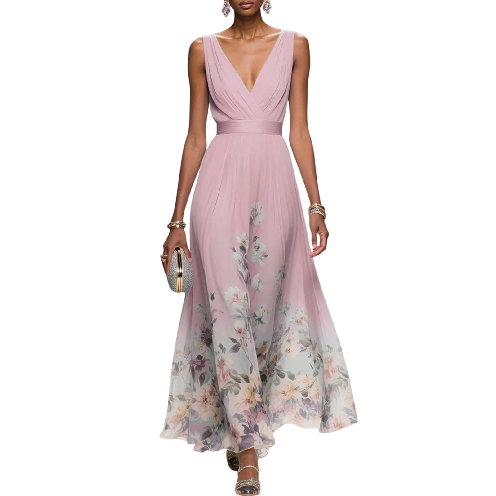 Kleid Hochzeitsgast Damen Curvy Lang Abendkleider Elegant Für Hochzeit Gast Chiffon Festliche Kleider Damen Sommer A Linie Ballkleid V Ausschnitt Tailliert Partykleid Blumen Maxikleider - 5