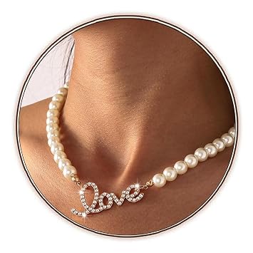 Pearl Choker Necklace Love Script Pendent Necklaces Chain Rhinestone Neck Jewelry Adjustable for Women B-Gold