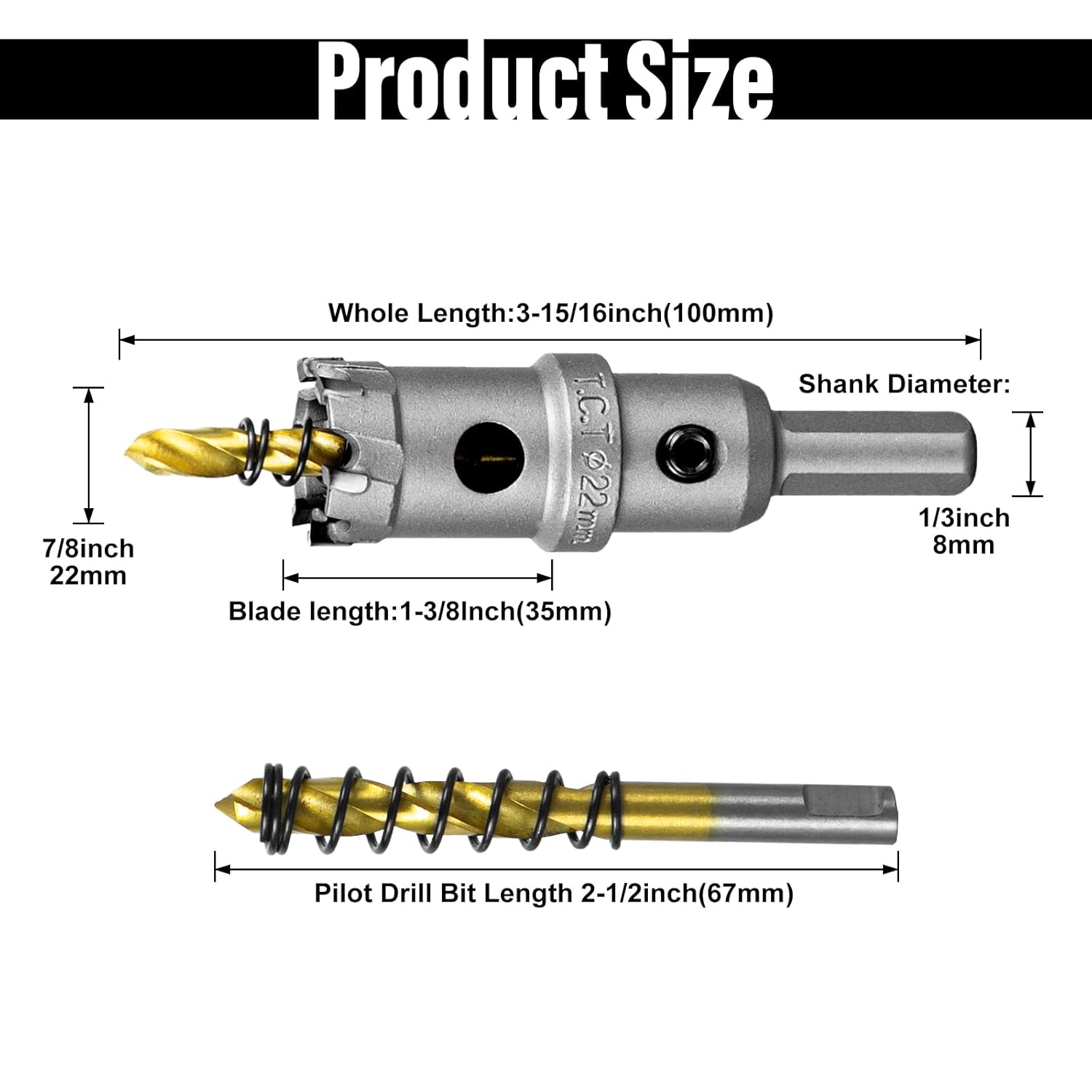 SALI 7/8" (22mm) TCT Hole Saw Kit Tungsten Carbide Tipped Hole Saw Drill Bit with Titanium-Plated Pilot Drill bit for Metal, Stainless Steel, Iron, Wood, Plastic