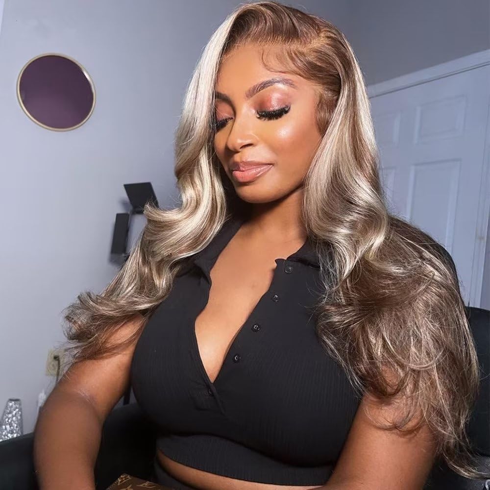 Brazilain Original HD Blonde Highlight P18 613 Body Wave Lace Front Human Hair Wigs Glueless 13X4 Lace Frontal Wig Highlight White Blonde Wig For Women Brown Blonde Human Hair Wig Pre Plucked 24Inch