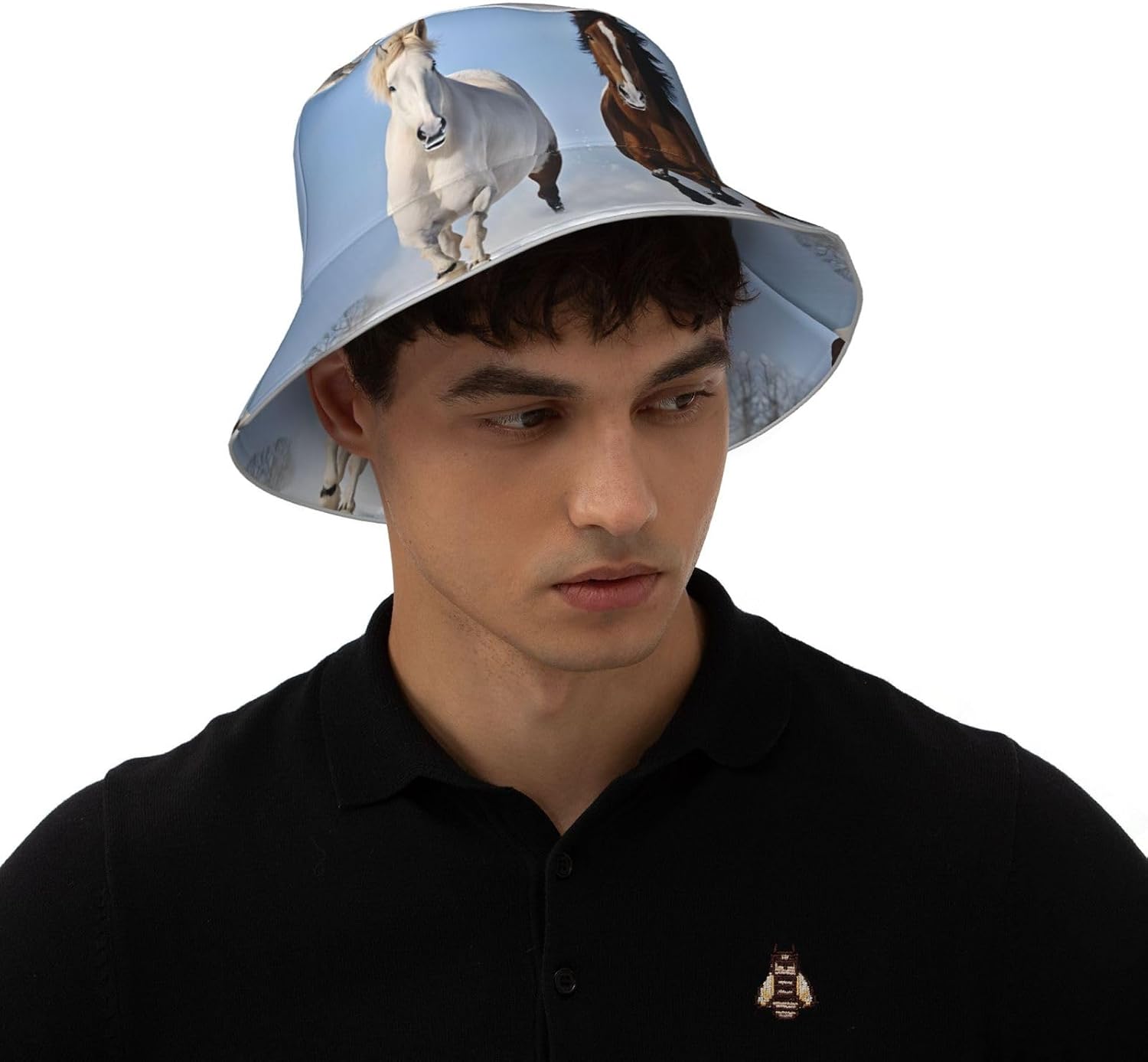(Black and White Horses Running) Reflective Reversible Bucket Hat Foldable Breathable Stylish Two-Way Wear for Outdoor Travel Daily Activities