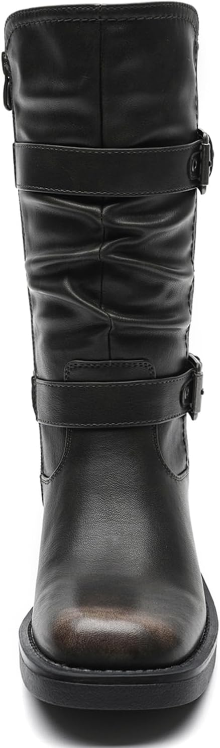 GLOBALWIN Chunky Mid Calf Fashion Dressy Motocycle Biker Military Style Combat Boots for Women Low Heel