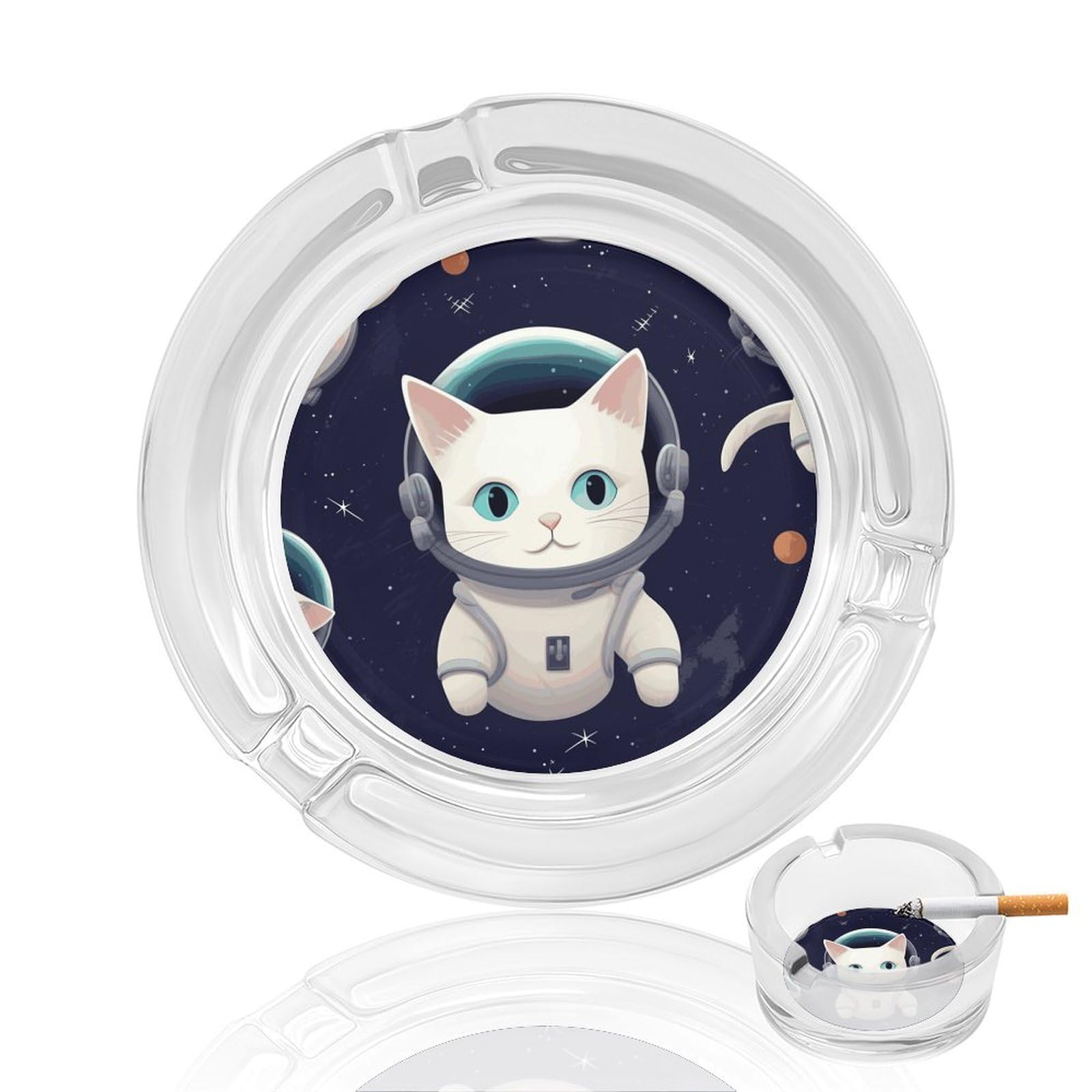 Fun Cat Astronaut Glass Ashtray for Cigarette,Cigarette Ashtray for Indoor Or Outdoor Use,Cigar ash trays case with 3 Notches-Glass Decor Gift for Men Smokers