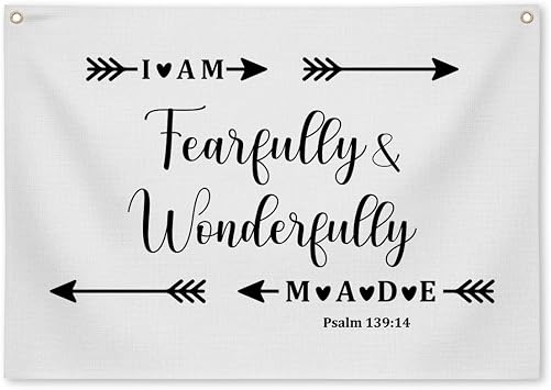 I Am Fearfully and Wonderfully Made Banner Christian Nursery Linen Scripture Hanging, Bible Verse Wall Decor for Kids Bedroom Playroom Classroom Religious Wall Art 20x28 Inch-A11