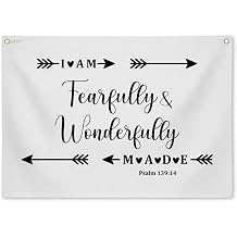 I Am Fearfully and Wonderfully Made Banner Christian Nursery Linen Scripture Hanging, Bible Verse Wall Decor for Kids Bedroom Playroom Classroom Religious Wall Art 20x28 Inch-A11