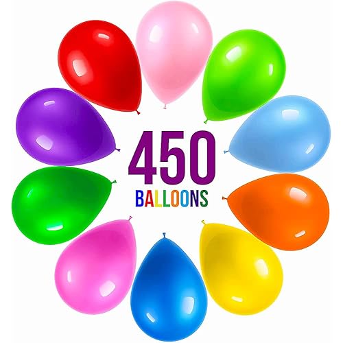 Prextex 450 pcs 12-Inch Balloons, 10 Assorted Colors - Multi-Colored Rainbow Latex Balloon - Strong Balloons Bulk -Wedding Balloon Arch Kit, Garland Kit, Baby Shower, Graduation, Birthday Decorations