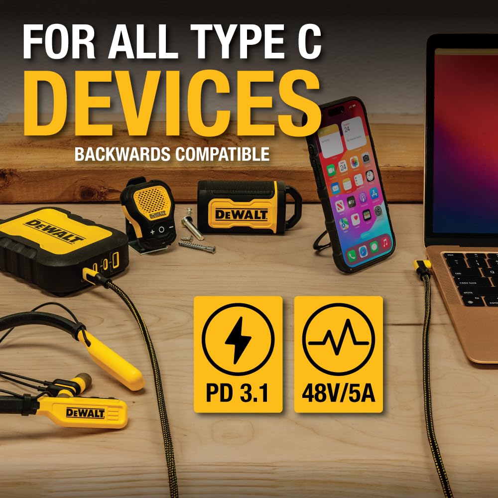 DEWALT 90-Degree Angled 100W USB C Cable, Heavy Duty Jobsite 100 Watt USB C Cable, High Speed Type-C to Type-C, PD USBC Fast Charging Cord for iPhone 17/16/15 Plus Pro Max MacBook iPad Samsung, 4 ft