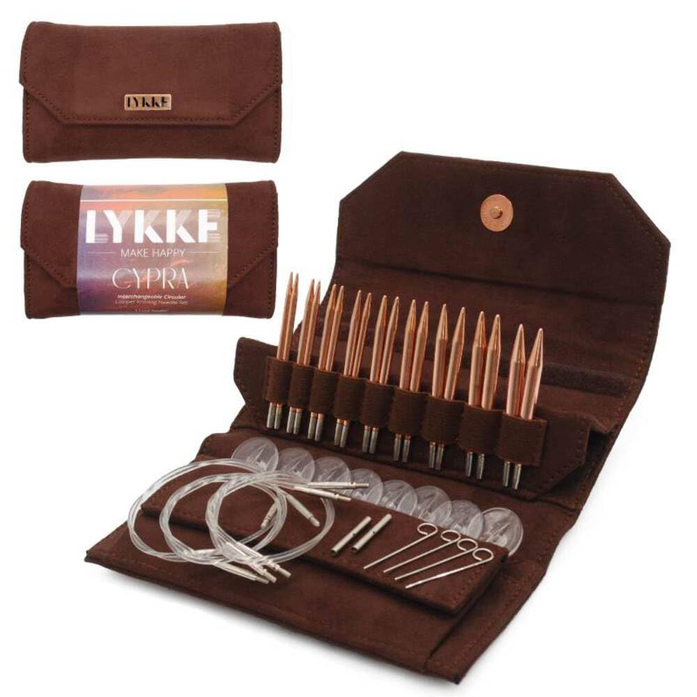 Lykke Juego de agujas de tejer circulares intercambiables con puntas de 3.5 pulgadas, marrón cobre, gamuza vegana, marrón