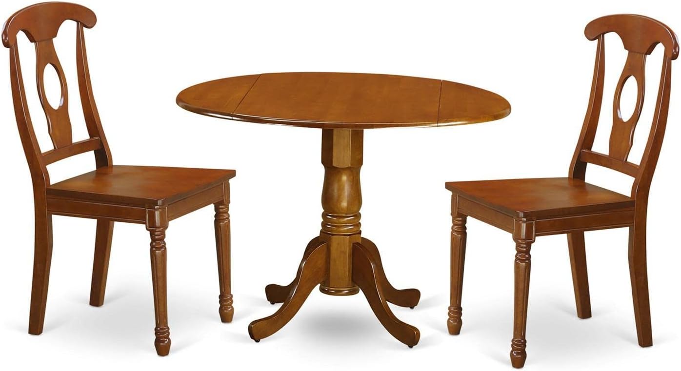 East West Furniture DLNA3-SBR-W 3 Piece Dinette Set for Small Spaces Contains a Round Dining Table with Dropleaf and 2 Dining Room Chairs, 42x42 Inch, Saddle Brown