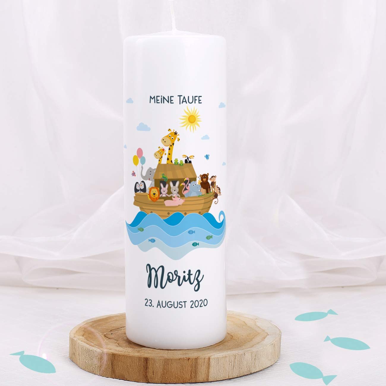 Striefchen® Taufkerze Arche Noah mit Aufdruck des Namen und Datum sowie Taufspruch