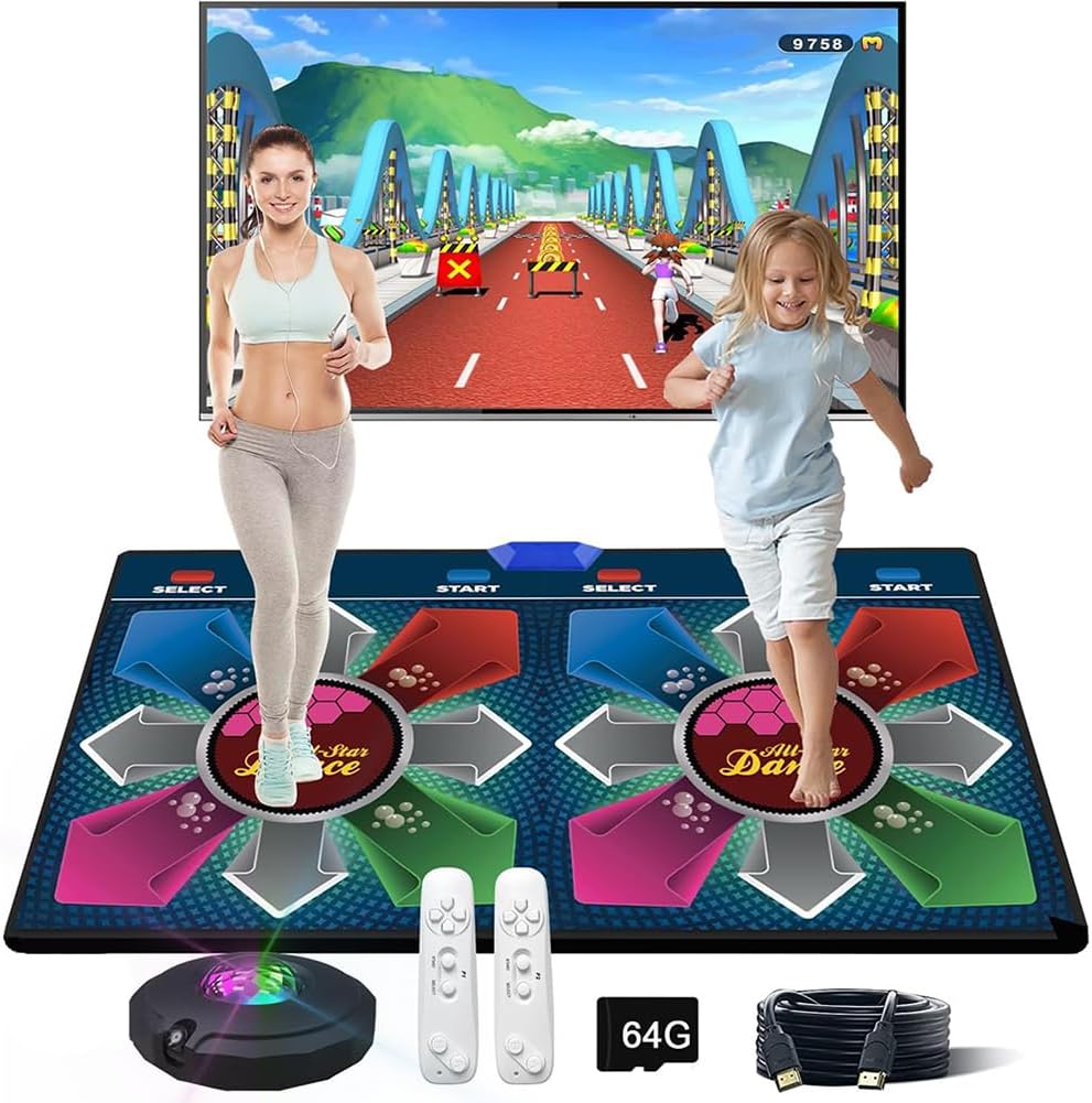 Music Double Dance Mat for Kids and Adults, Fitness Games with 2 Controllers and HD Camera, Memory Card, Bright 7-Color Strobe Light Flashes, Gifts for Girls Boys