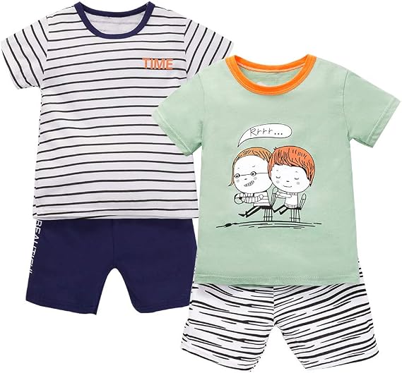 Hibobi - Conjunto de ropa de algodón para niño con estampado de moda,  camisa y pantalones cortos, Verde/Cartoon 2pcs + Blue/Stripe 2pcs, 3T / 4T  : Amazon.com.mx: Ropa, Zapatos y Accesorios