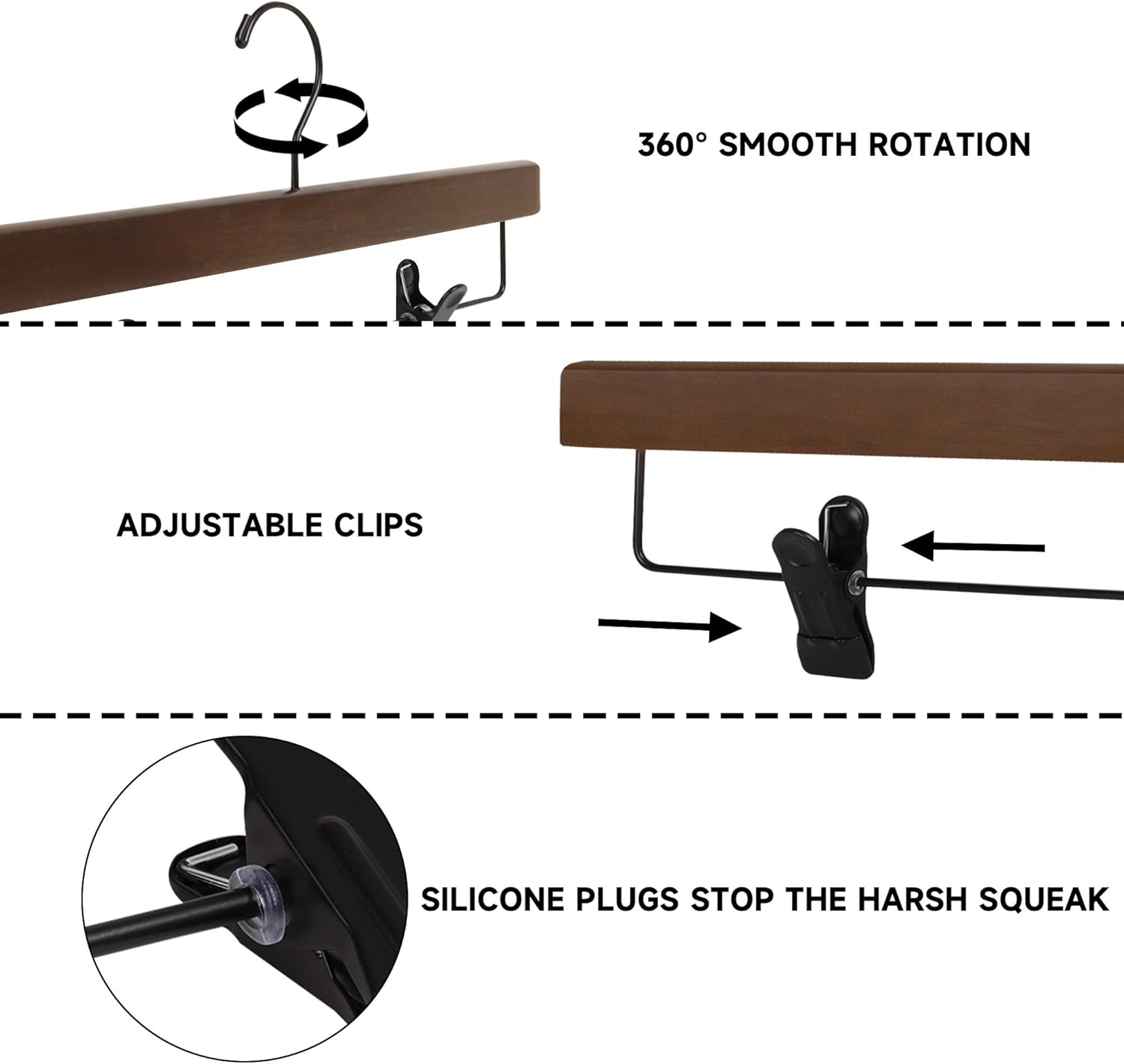 24-Pack 14" Wood Pants Hangers with Adjustable Non-Slip Clips, Bottom Hangers with 360° Swivel Hook, Space Saving Hangers for Skirts, Slacks, Trousers, Jeans (Walnut)