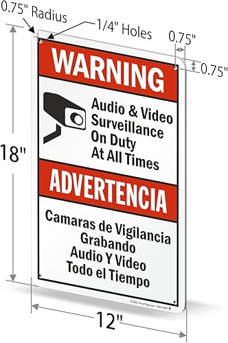 Vista 83 de SmartSign -S-9392-AL-14 Advertencia - Vigilancia de audio y video en servicio en todo momento Aluminio de 10" x 14" - Negro/Rojo sobre Blanco