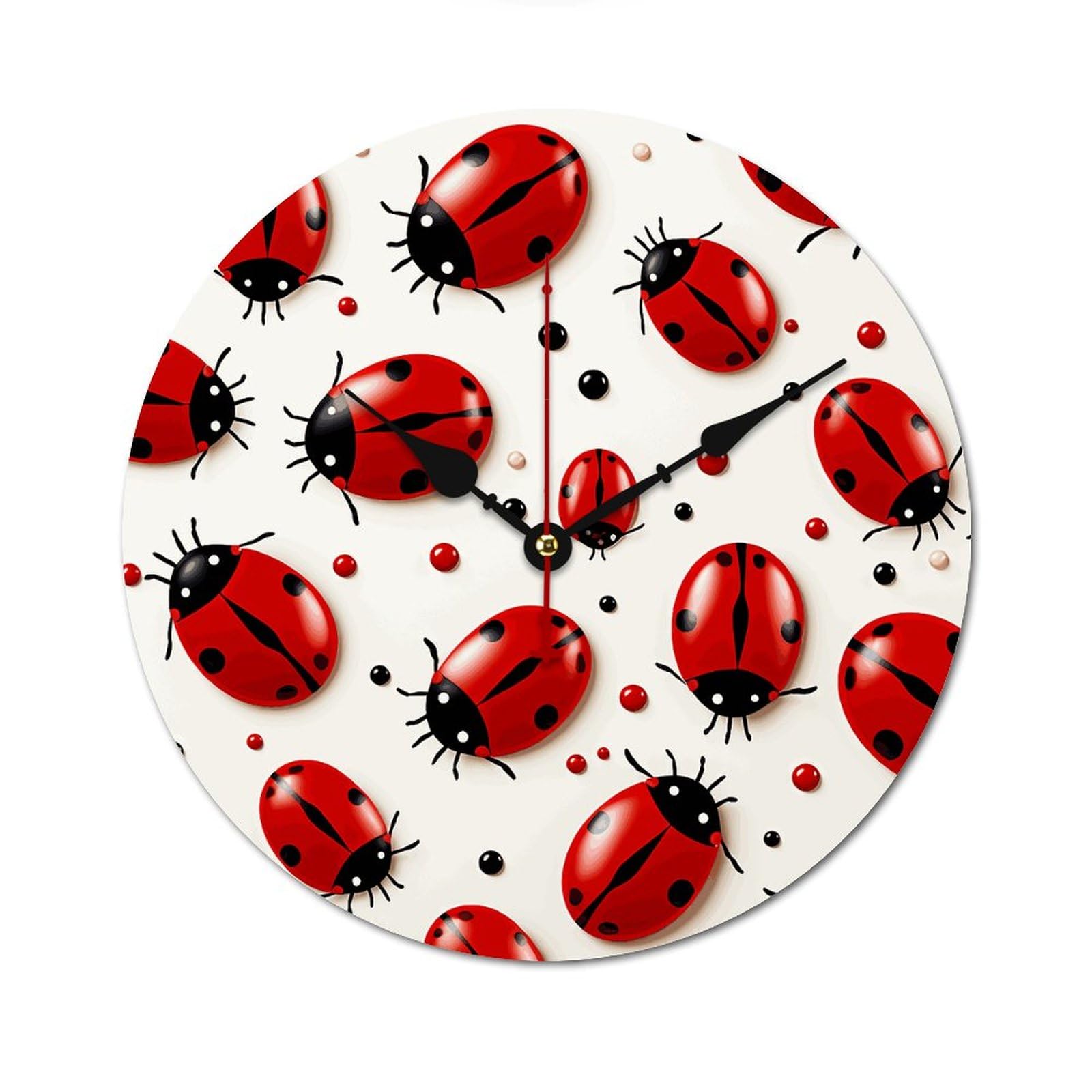 Horloge murale en bois avec coccinelle rouge ronde et sans tic-tac pour salon