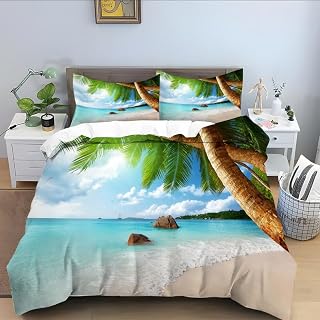 phonxia Palm Tree Set Of 3 Double Duvet Cover Set Double Bedding Set with Zipper Closure Kids Comforter Cover for Aldult Friends - 1 Quilt Cover 200x200 cm + 2 Pillowcases, Breathable Hypoallergenic